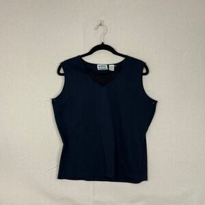 Separate Issue Navy Blue Sleeveless Shell Top Lace Neckline Vintage Size L